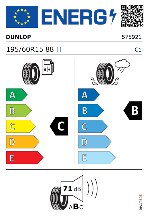 Tyre Label for Dunlop Sport BluResponse 195/60R15 88H